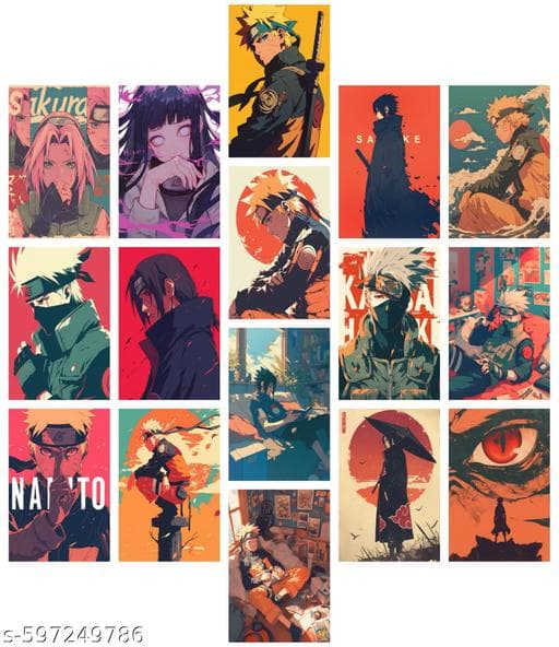 Naruto Wall Posters Anime Room Decor Self Adhesive Wall Posters Kit for Room Decoration Anime Decor Posters (Pack of 16)
